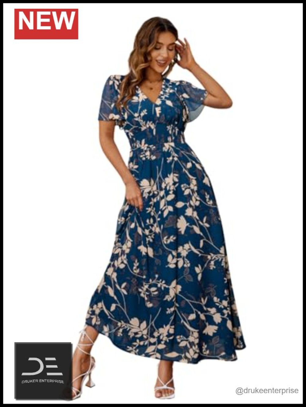 Boho Floral Maxi Dress V Neck Short Sleeve Flowy Wedding Guest